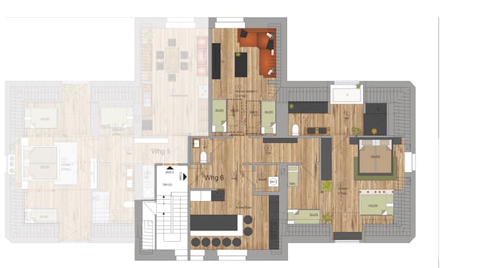 Grundriss Wohnung 6: Offene Küche mit Küchentheke zum Essen/Sitzen; Wohnzimmer mit TV und Schlafbereich (Betten 2-4 90x200m); Gäste-WC; Schlafzimmer mit drei Betten (1x 180x200m, 1x 140x200m, 1x 90x200m ); Badezimmer mit Dusche und Badewanne