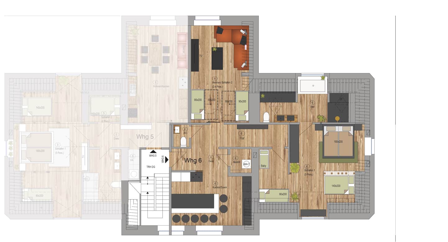 Grundriss Wohnung 6: Offene Küche mit Küchentheke zum Essen/Sitzen; Wohnzimmer mit TV und Schlafbereich (Betten 2-4 90x200m); Gäste-WC; Schlafzimmer mit drei Betten (1x 180x200m, 1x 140x200m, 1x 90x200m ); Badezimmer mit Dusche und Badewanne