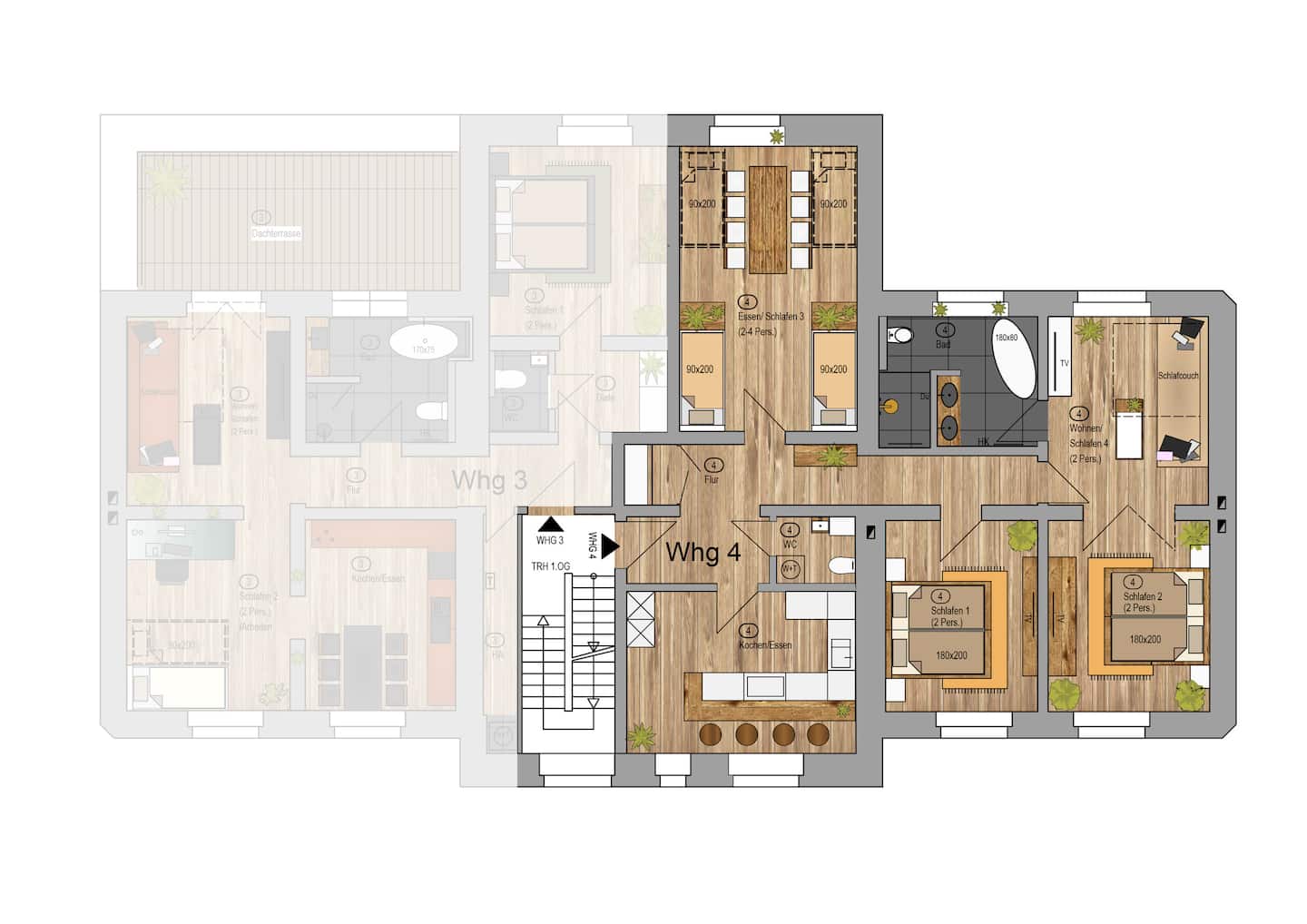 Grundriss Wohnung 4: Schlafzimmer 1 (Bett 180x200); Schlafzimmer 2 (Bett 180x200m); Küche mit Theke; Gäste-WC; Ess- und Schlafzimmer 3 (2 ausziehbare Betten 90x200m); Badezimmer mit Dusche und Badewanne; Wohnzimmer mit Schlafcouch und TV